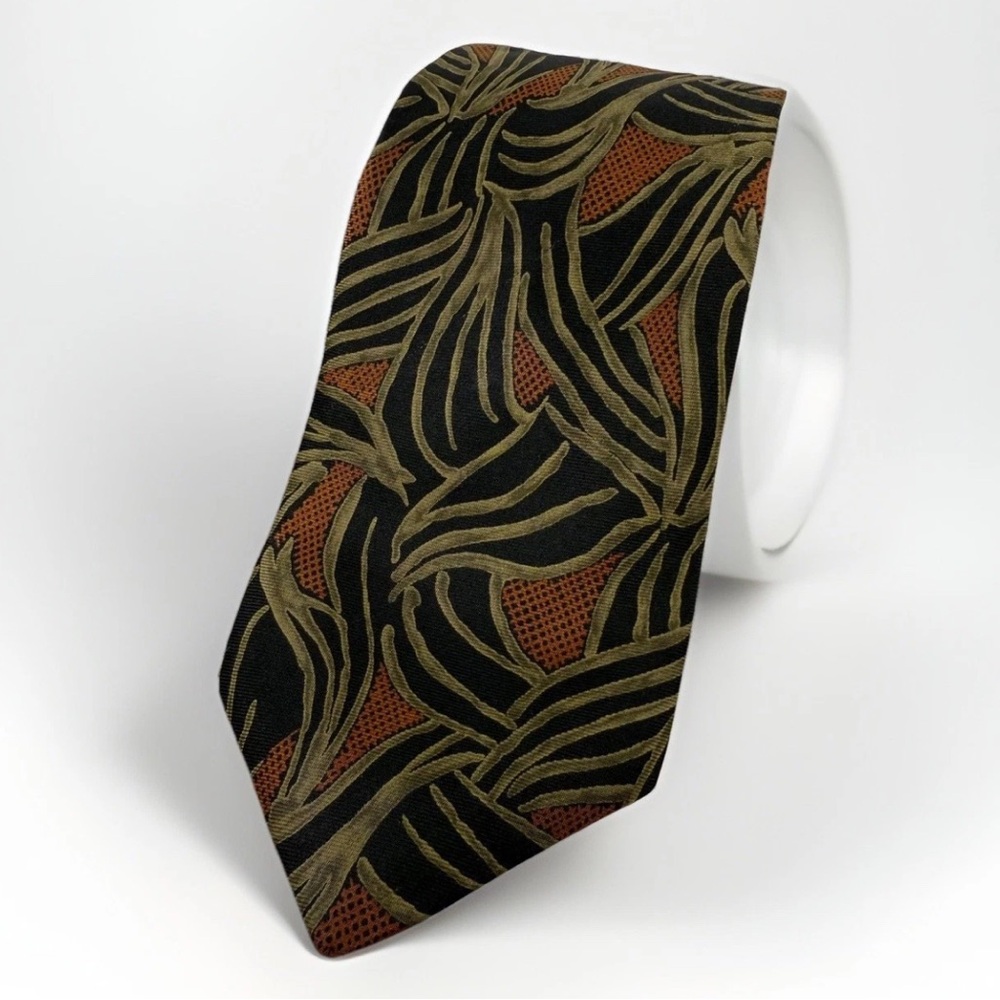 Paco Rabanne Extra Long Italian Silk Tie Black‎ Gold Abstract Jungle Design